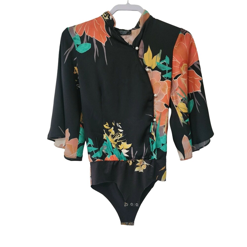 NWT Zara Accessories Bodysuit Blouse Black Orange Green Floral Print Womens S